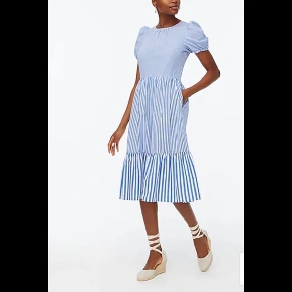 J. Crew blue and white stripe poplin puff sleeve tiered midi dress, size 16 - Picture 2 of 8